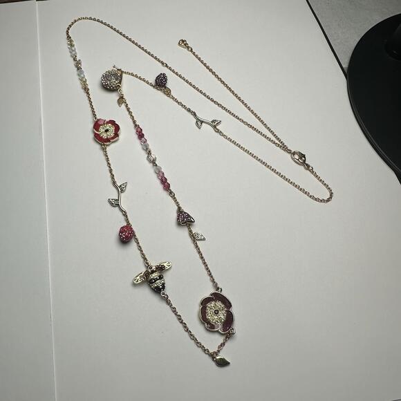 Swarovski Crystal Noisette Snail, Bee, Flower Bead & Enamel Necklace Gold Tone
